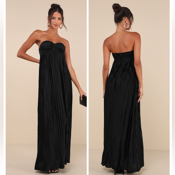 Lulus Dresses & Skirts - Lulus Whimsical Beauty Black Satin Plisse Strapless Maxi Dress Medium NWT Formal